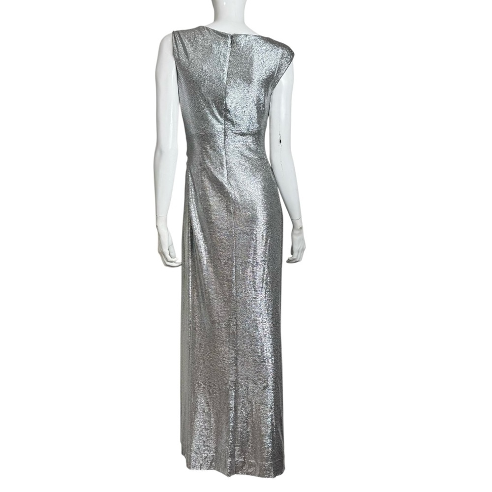 Lauren Ralph Lauren Metallic Silver Side Slit Runched Embellished Pin Maxi Dress - Picture 6 of 12